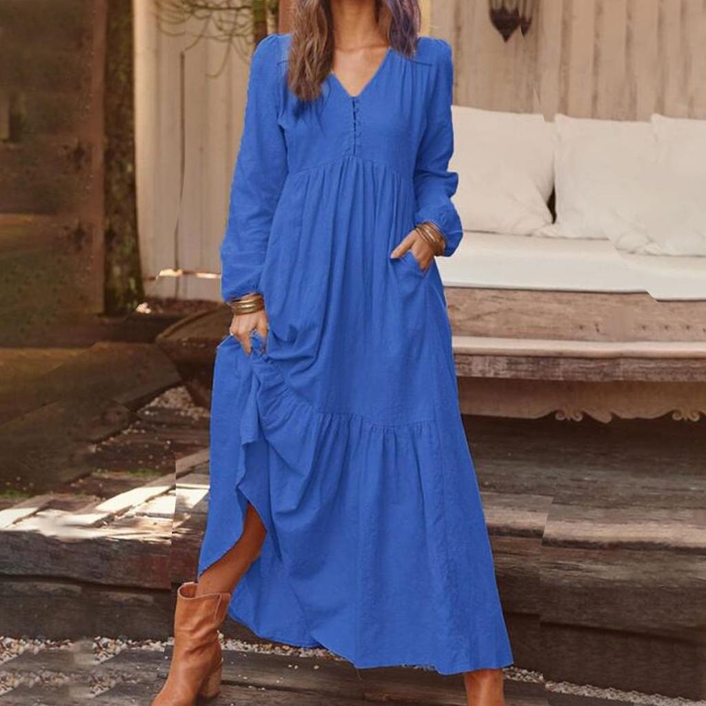 Женское повседневное платье макси с длинными рукавами, свободное многослойное платье с V-образным вырезом на пуговицах и высокой талией