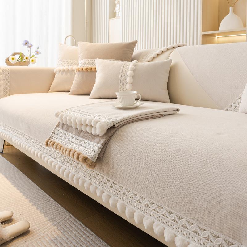 Chenier Sofa Cushion, All-Season Non-Slip Seat Cushion Ins Cream Wind Straight Row Three-Person Leather Sofa Cover Towel