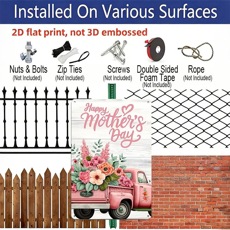 2D Flat 1pc Happy Mother's Day Pink Truck Floral Metal Plaque Sign 7.87x11.81inch - Aluminum Metal Vintage Farmhouse Decor for Home, Kitchen
