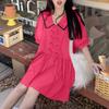 Women Summer Doll Collar Short Sleeve Bow Knot Casual Pleated Dress Sundress
