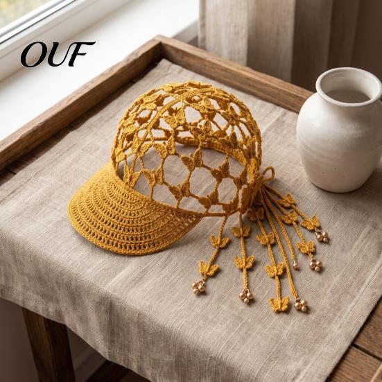 Boho Crochet Baseball Cap Cap, Knitted Hollow-Out Sun Hat, Breathable Knit Lightweight Yarn for Daily Wear Visor with Tassels Women Summer Beach