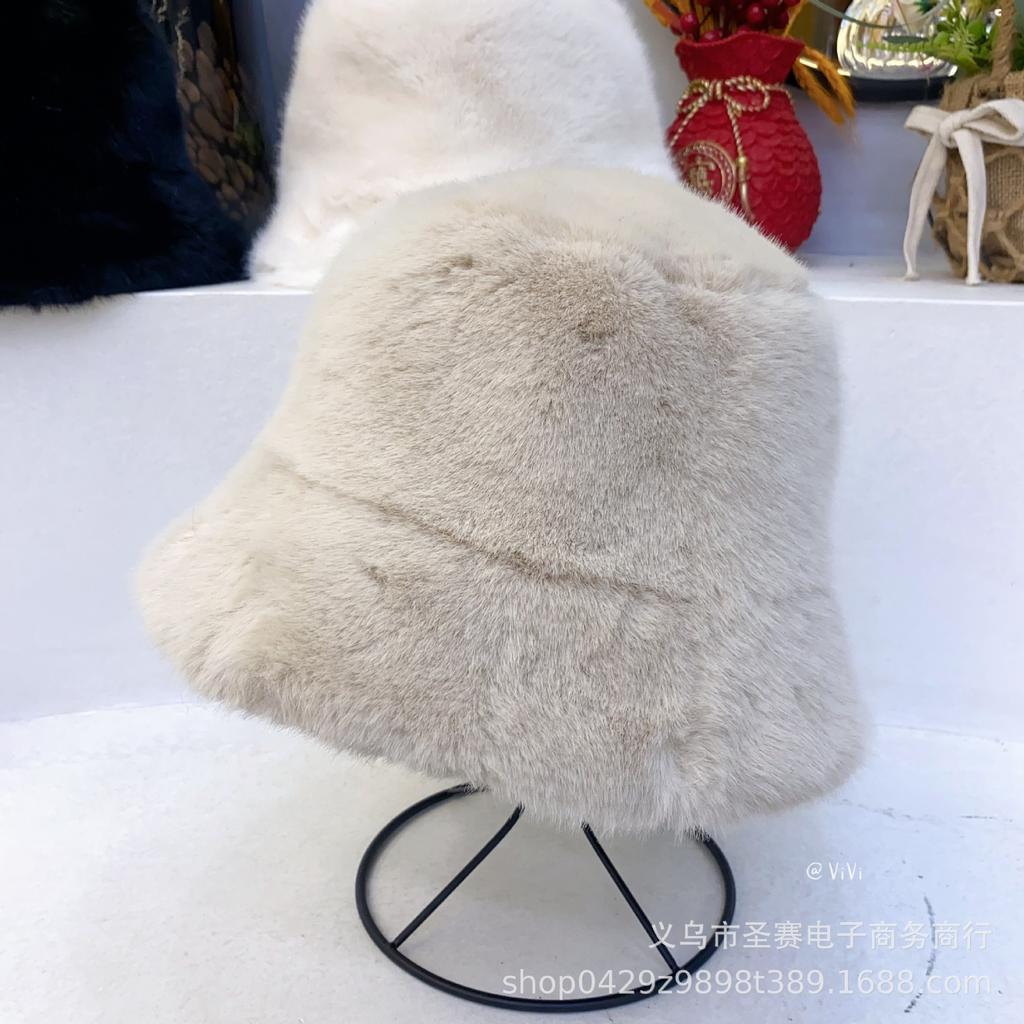 Ins classic imitation mink plush hat women's winter warm eaves fashion fur bucket hat