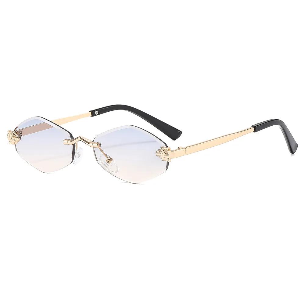 Трендовые безободковые многоугольные солнцезащитные очки Стильные градиентные линзы Металлические очки Солнцезащитные очки класса люкс в винтажном стиле