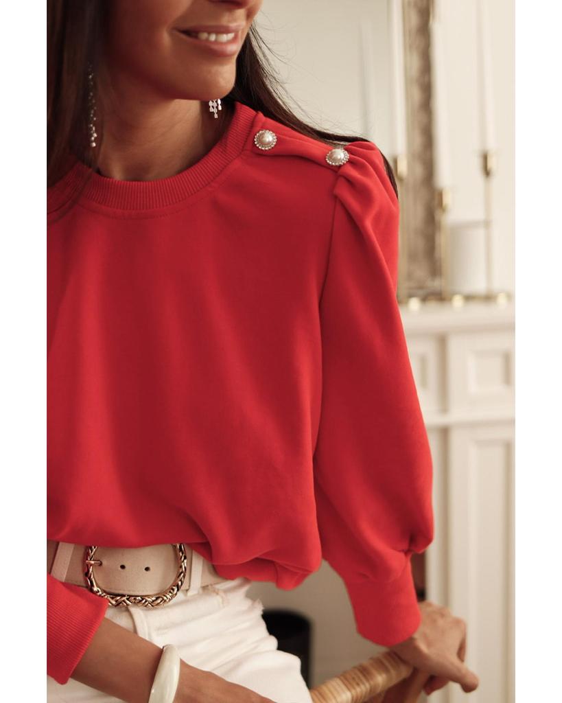 Azura Exchange Red Button Tab Detail Long Sleeve Top