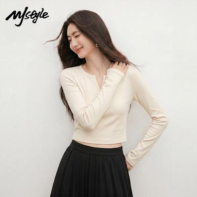 Женская футболка MJ STYLE с V-образным вырезом, приталенная, с длинным рукавом