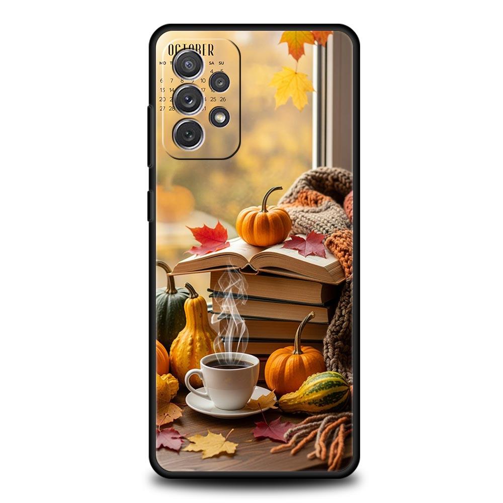 Pumpkin Autumn Leaves Coffee Phone Case for Samsung Galaxy A55 A35 A17 A07 A15 A13 A25 A51 A71 A72 A73 A32 A52 A52S A41 Soft TPU
