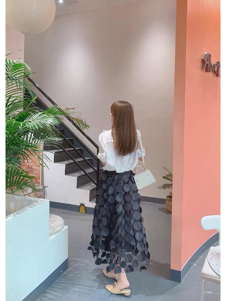 Women's European-Style Black Midi Skirt - 2025 High-End Mesh A-Line Umbrella Design