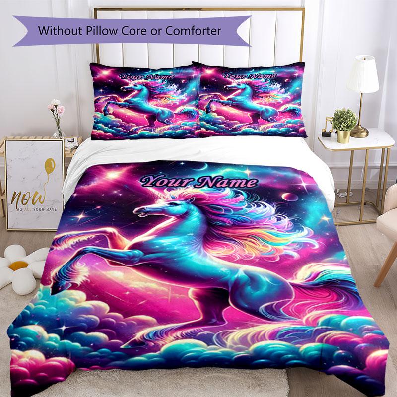 3PC Custom Name Magical Unicorn Dreamscape Bedding Set Duvet Cover Closure Includes 1 Duvet Cover & 2 Pillowcases for Bedroom