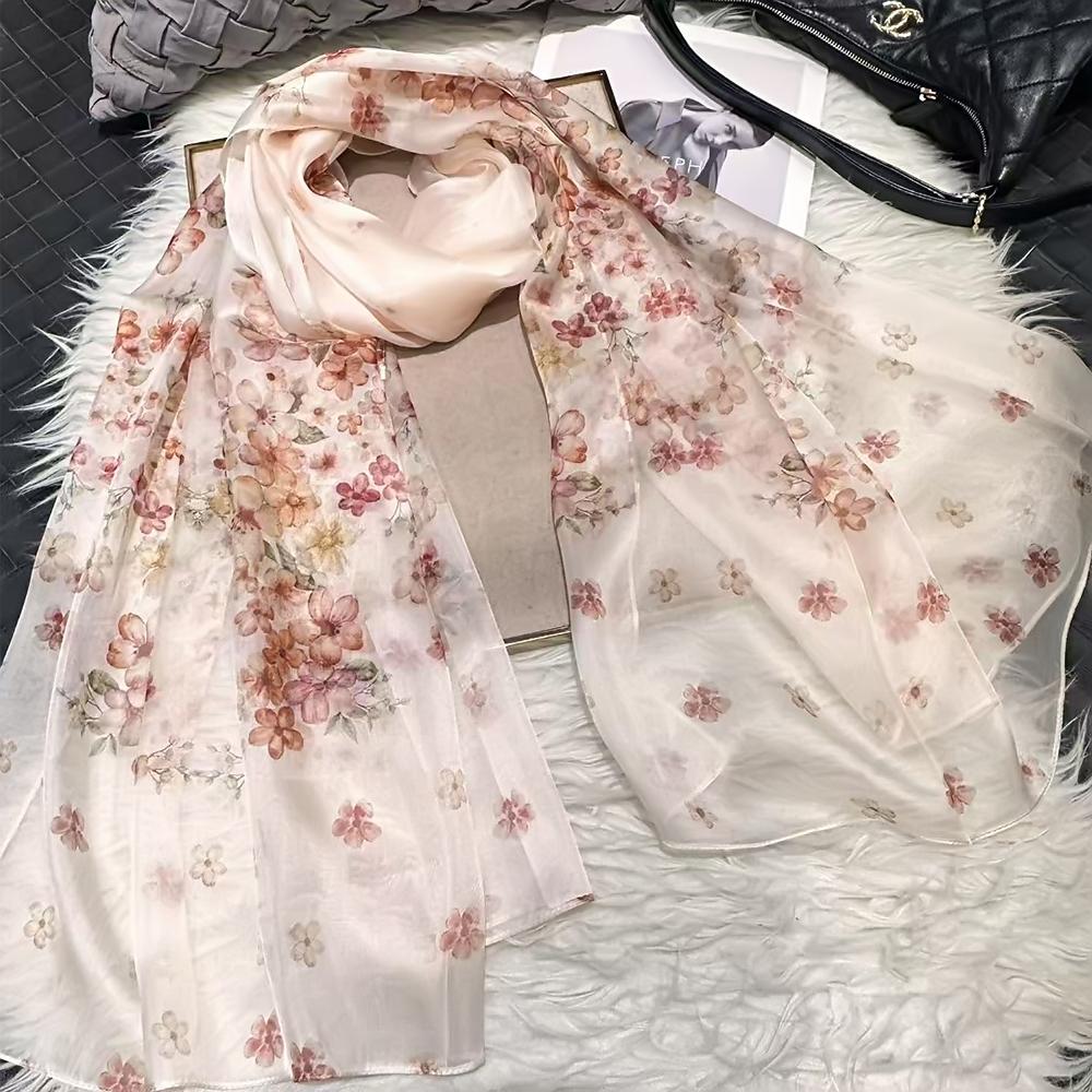 [BYSIFA] Blue 100% Silk Scarf Shawl New Floral Design Long Scarves Women Summer Utralong Beach Shawl Winter Scarves 180*110cm