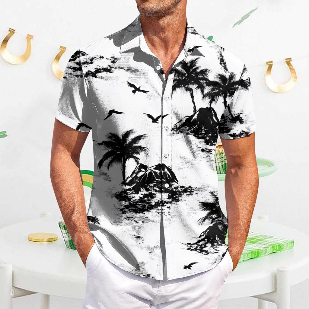Мужская повседневная рубашка с короткими рукавами, облегающая, стильная, с гавайским принтом