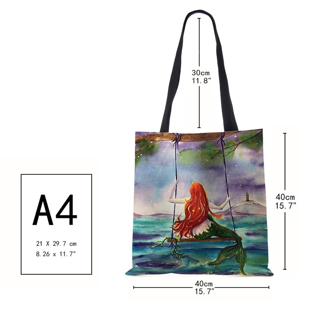 Сумка на плечо с изображением Русалки и пейзажем, 2022, женская многоразовая холщовая сумка-тоут Harajuku, повседневная складная сумка для покупок для покупок