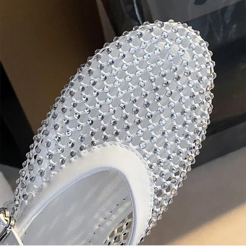 Fashion Summer Mesh Hollow Design Flat Shoes Women Luxury Rhinestone Decorated Mary Jane Shoes for Women Light Breathable Beach Sandals