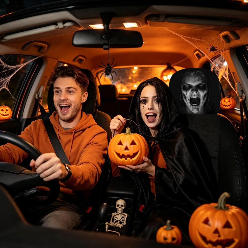 Car Headrest Sleeve 2 Pieces Elastic Horror Face Printed Protector Spooky Dustproof Auto Interior Decoration For Vehicle Seat