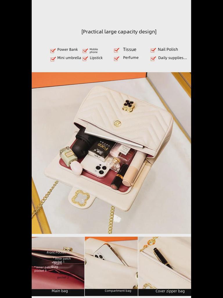 Женская сумка через плечо из натуральной кожи с замком-четырехлистником и цепочкой с бриллиантами