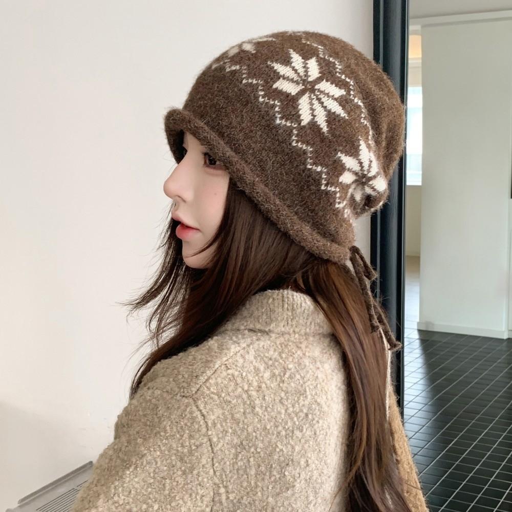 Drawstring Beanies Hat Snowflake Printed Winter Hat Fashion Knitted Hat Autumn