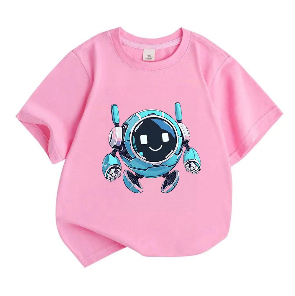 Kids Boys Girls Crew Neck Short Sleeve 100% Cotton T-Shirt Cute Smiling Round Robot Print Casual Soft Breathable Tee for Children Daily Wear