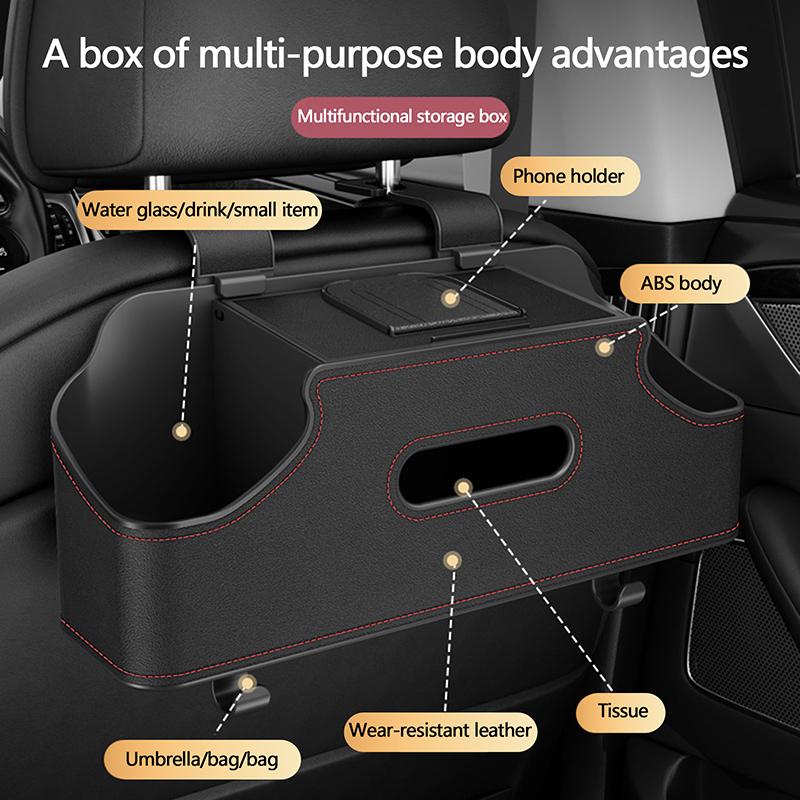 Car Headrest Storage Box Leather Tissue Box Multifunctional Car Backseat Hook Organizer Holder Car Seat Back Storage Box