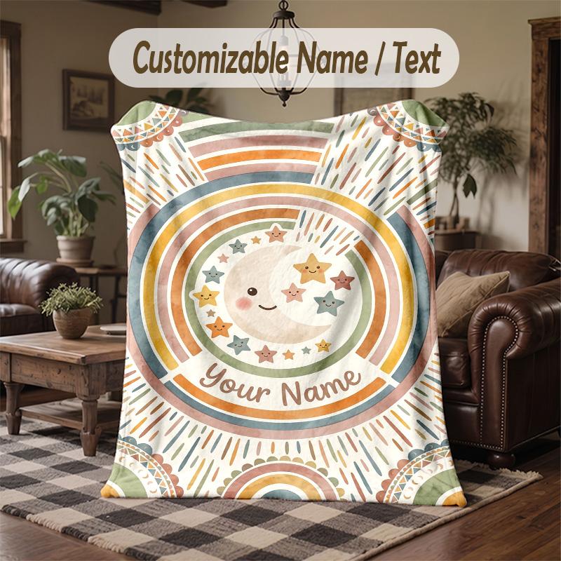 Moon Stars Night 1 Theme Throw Blanket Custom Name Text Personalized Blanket Soft Cozy Blanket for Home Sofa Bed