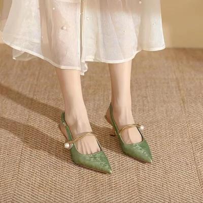 2024 Новые летние модные туфли с острым носком и жемчугом, женские сексуальные босоножки на высоком каблуке, женская обувь для банкета