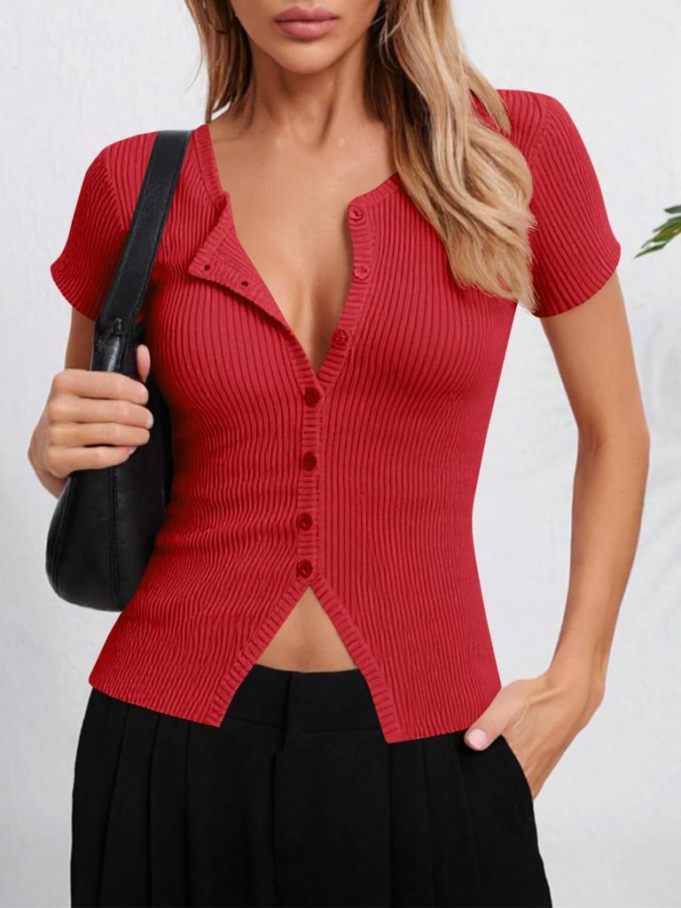 Women's Ribbed Knit Cropped Cardigan Short Sleeve Button Down Slim Fit Sweater Top