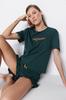 Women's Fashion New Pajama Set Dark Green 100% Cotton Embroidered Ruffle Detailed T-shirt-Shorts Knitted Pajama Set