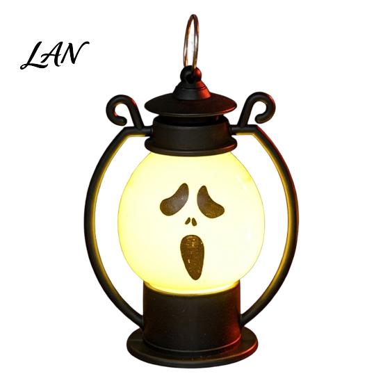 Safe Flameless Candle Halloween Ghost Face Night Light, Portable Retro LED Lamp with Hanging Decorative Lantern Ring, Battery Operated Vintage