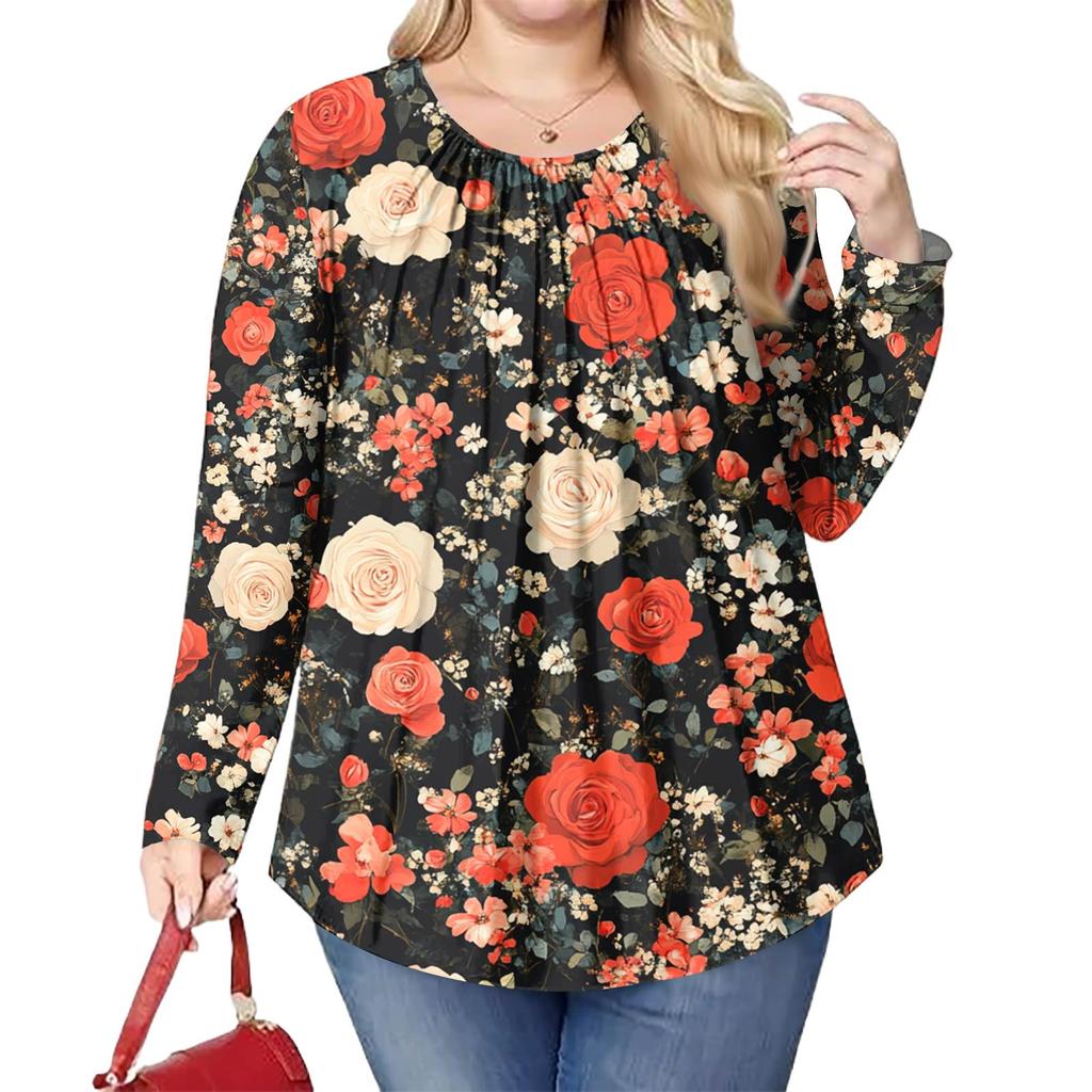 Women's Plus Size Fashion Printed Casual Pleated Round Neck Long Sleeve Top