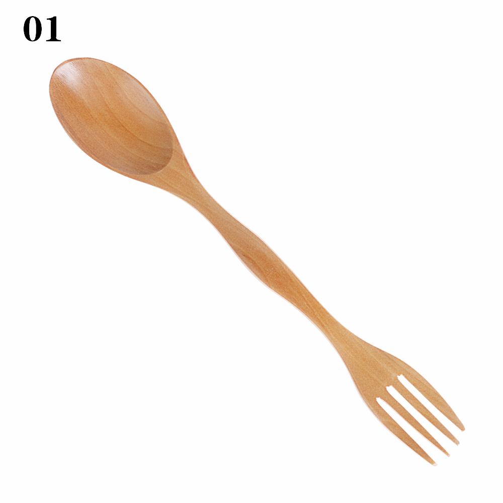 1PC 2 in1 Dual Head Soup Spoon Fork Natural Wood Cutlery  Dinner Tableware Set DIY Home Kitchen Accessories Flatware