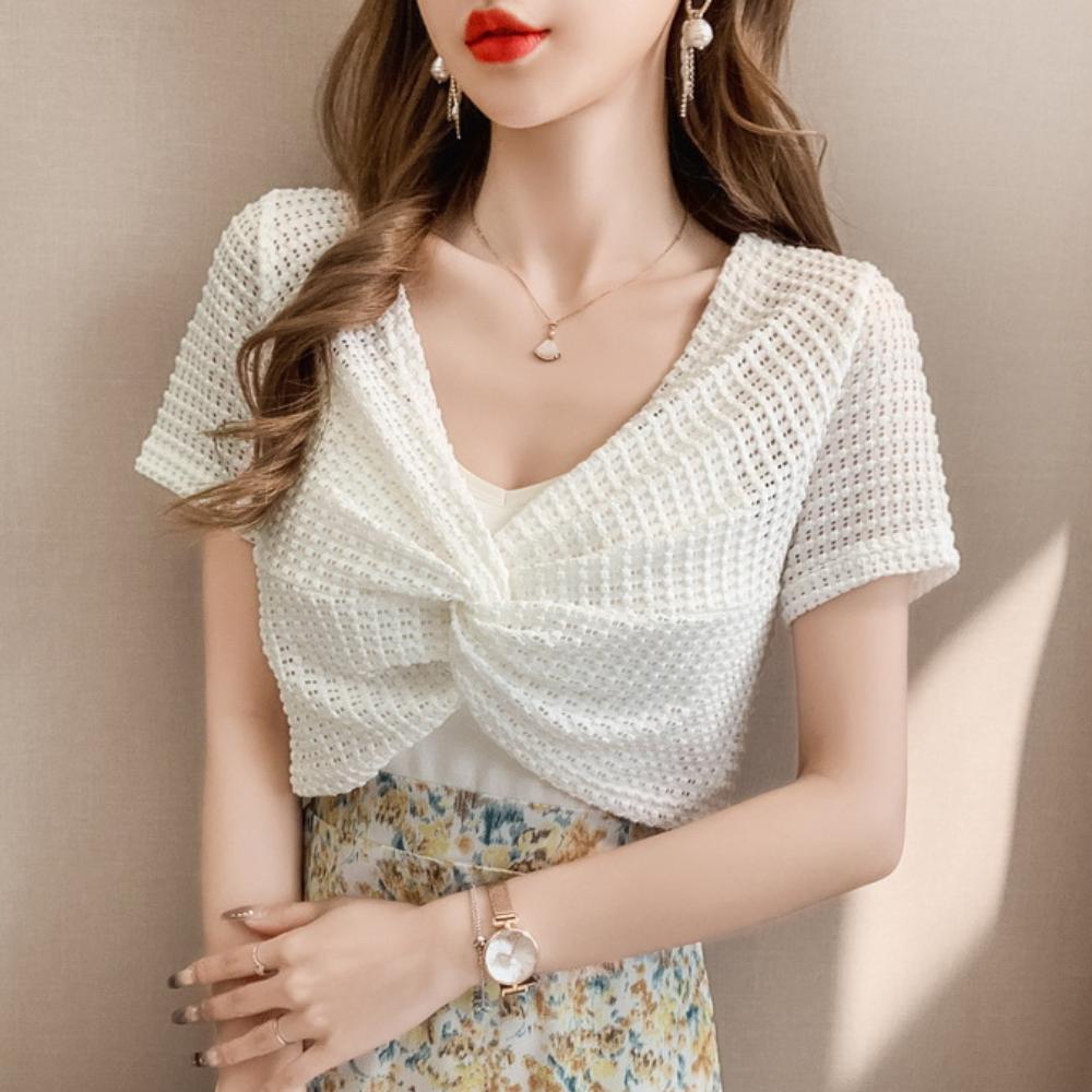 Short Sleeve Hollow Out Crop Top Knot Sun Protection Shawl T Shirt Vacation