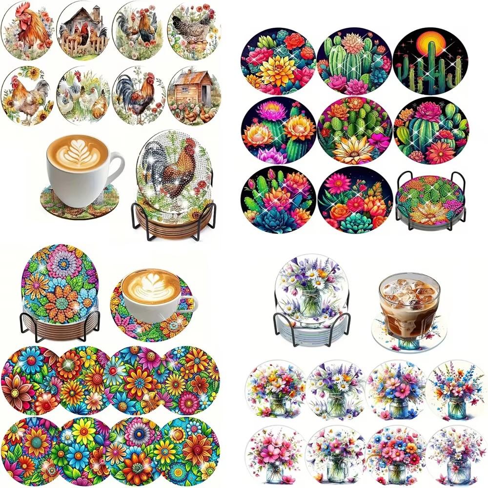 8 шт./набор подставок под стакан с вышитыми цветами в виде шаров, расписанных алмазами, с держателем, подставка под стакан своими руками для начинающих и взрослых, товары для творчества и рукоделия в подарок