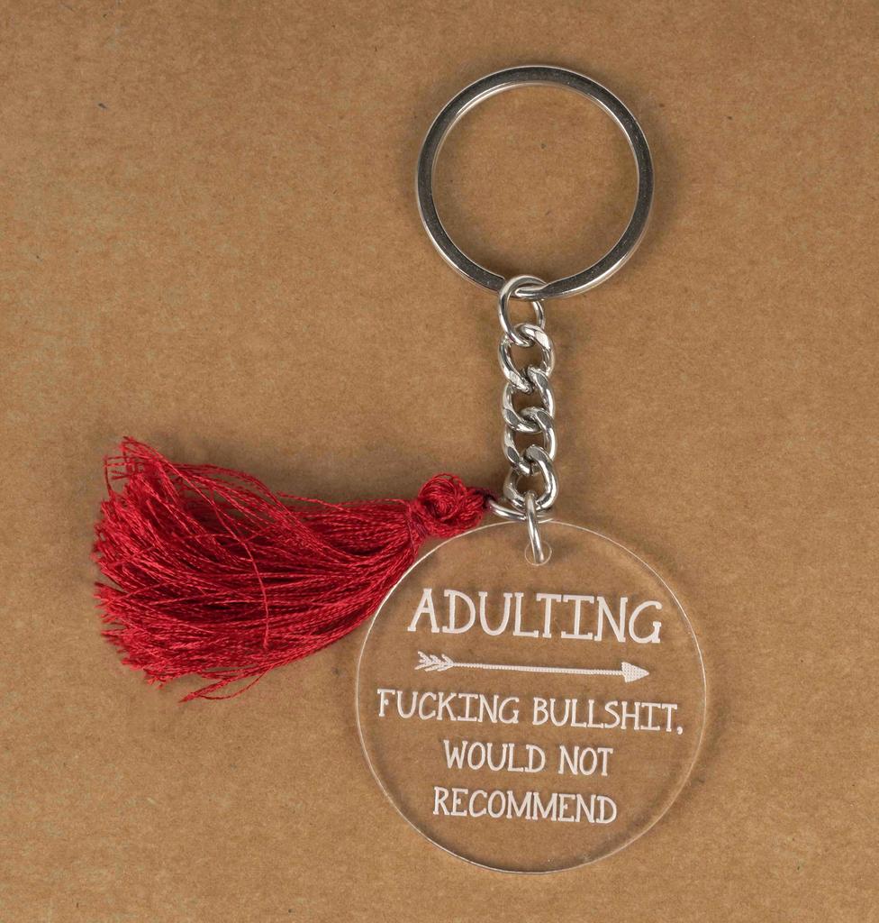 Inkdotpot Funny Keychain, Adulting Not Recommend Acrylic Engraved Keychain, Funny Adult Sarcastic Novelty