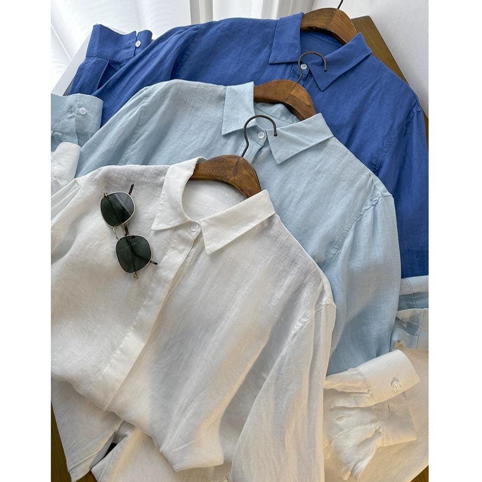 111 linen! 1996 +! Plant dye simple temperament basic solid color loose long-sleeved shirt top women's spring