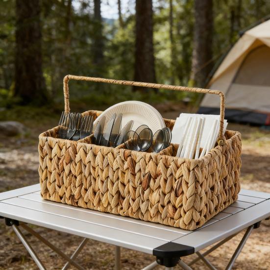 Utensil Caddy with 5 Compartments Hand-woven Storage Basket with Handle Rustic Cutlery Flatware Organizer for Picnic BBQ Kitchen Countertop Storage