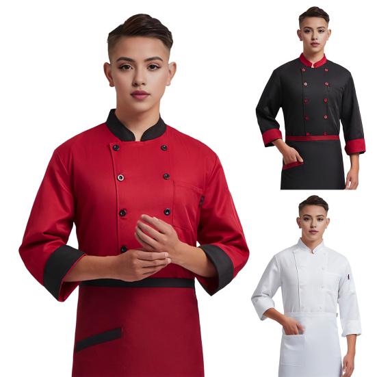 Унисекс униформа шеф-повара с нагрудным карманом и воротником-стойкой, двубортная рубашка с длинными рукавами и воротником-стойкой, однотонная кухонная рубашка