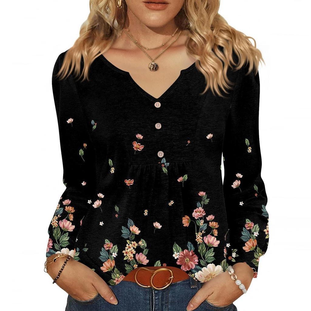 Женская модная повседневная блузка с V-образным вырезом на пуговицах, с длинным рукавом, пуловер, футболка, топ