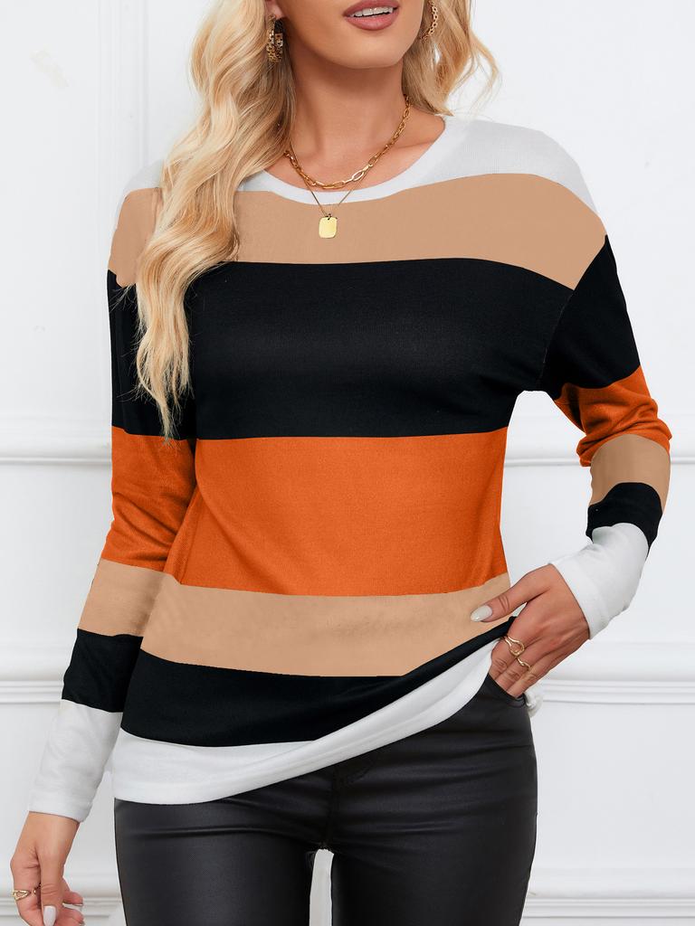 Женский пуловер с круглым вырезом и длинными рукавами, осенняя полосатая контрастная футболка, вязаный топ с леопардовым принтом, свободный и модный