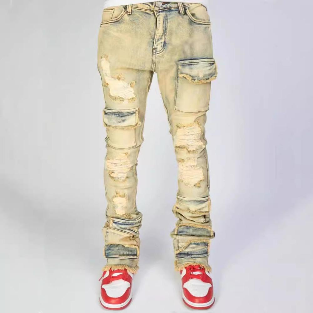 Streetwear Retro Style Men Ripped Spliced Slim Jeans Trousers Hip Hop Holes Stylish Denim Pants for Male
