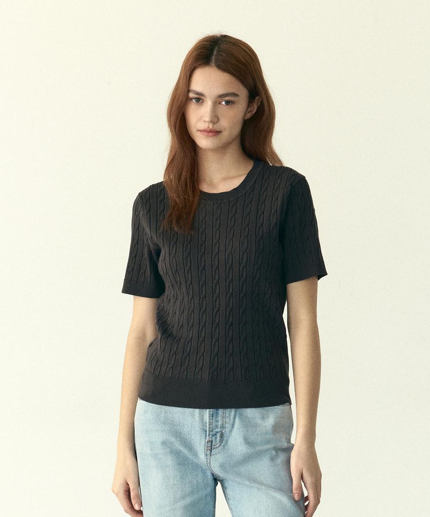 210EDIT Women'S Cool Cable Round Neck Short Sleeve Knit - 4 Colors [Zg2Sw070]