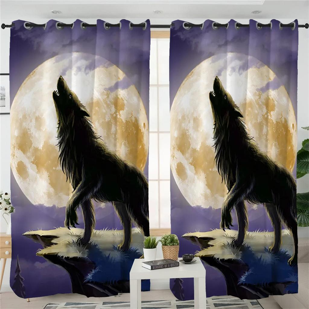 Шторы с изображением тотема в виде животного волка, черно-белые шторы с изображением волка, 2 панели, детская комната, гостиная, спальня, балкон, кабинет, декор