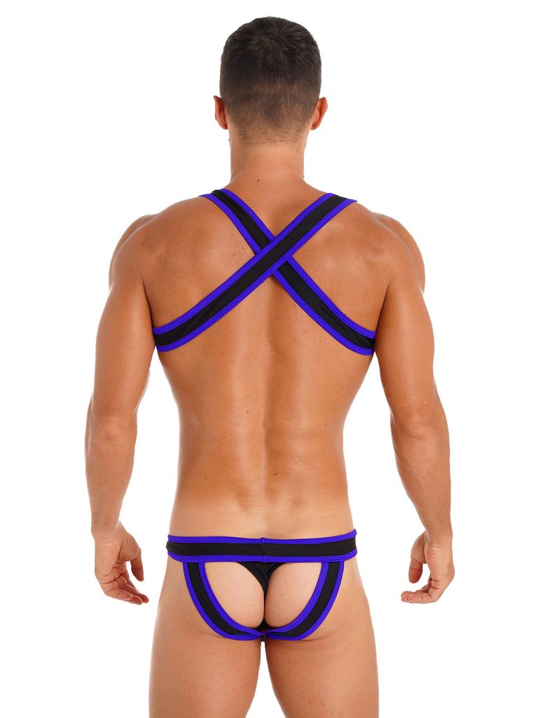 Mens Contrast Trim Chest Harness Jumpsuit Bulge Pouch Design One-Piece Bodysuit Jockstrap Underwear for Cosplay