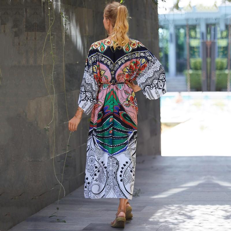 Этнический стиль купальник накидка ретро принт шнуровка женское летнее длинное кимоно платье пляжная одежда бикини накидка