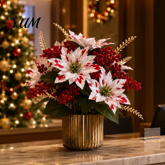 Artificial Dieffenbachia Plants 5/7/10/12 Heads Poinsettia Flowers, Christmas Fake Floral Berry Centerpiece, Maintenance Free Potted Fade-Resistant