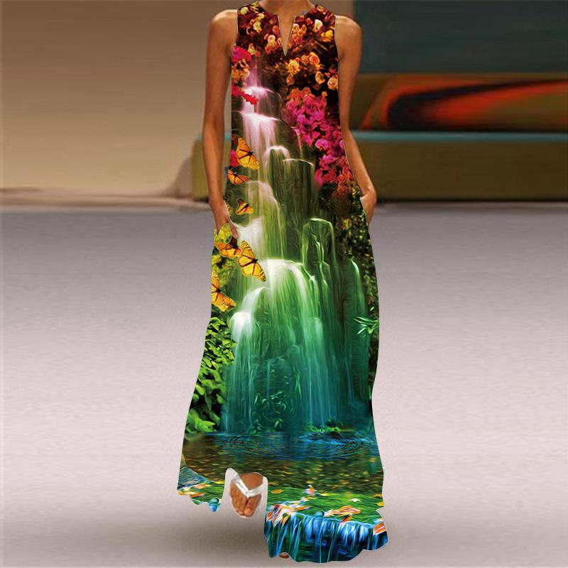 QICED Summer Women's Sleeveless Long V-Neck Printed Jade Flower Dresses