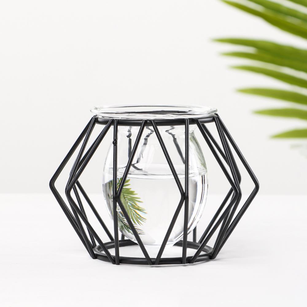 Home Decoration Iron Geometric Pattern Glass Planter Terrarium Metal Holder Hydroponic Vase