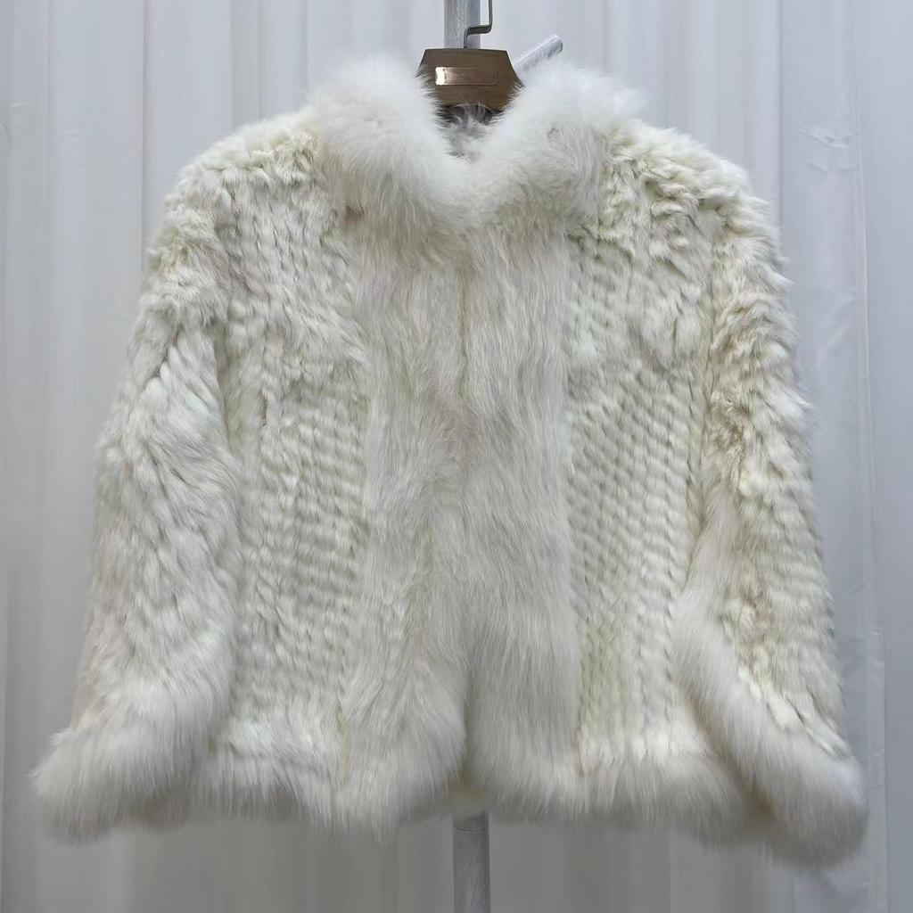 Real Rabbit Fur Braided Coat for Women Short Style Young Coat Fox Fur Bat Sleeve Shawl