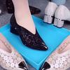 Fashion Hot Fashion Spring Rhinodrill Thick High Heel Pointed Black Bow European and American Fashion Mesh Hollow-out Women's Shoes
