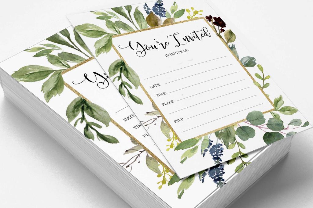 Inkdotpot Упаковка из 30 приглашений «Вы приглашены» с конвертами, приглашения с зеленью на свадьбу, девичник, вечеринку по случаю рождения ребенка, приглашения на день рождения