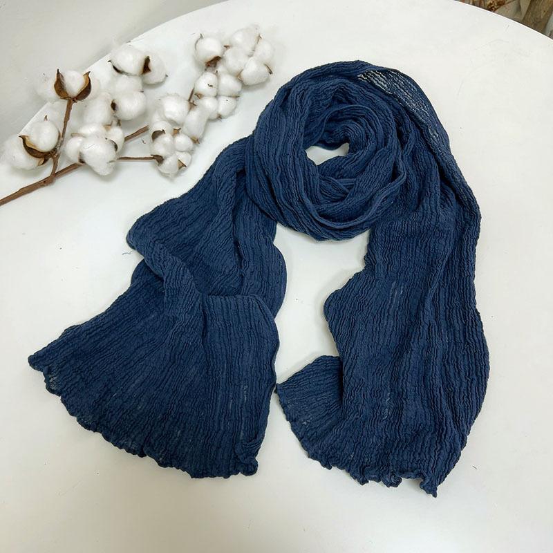 Thin Ramie Pleated Scarf Narrow Slender Cotton And Linen Japanese Literary And Artistic Solid Color Summer Neck Protection Small Shawl
