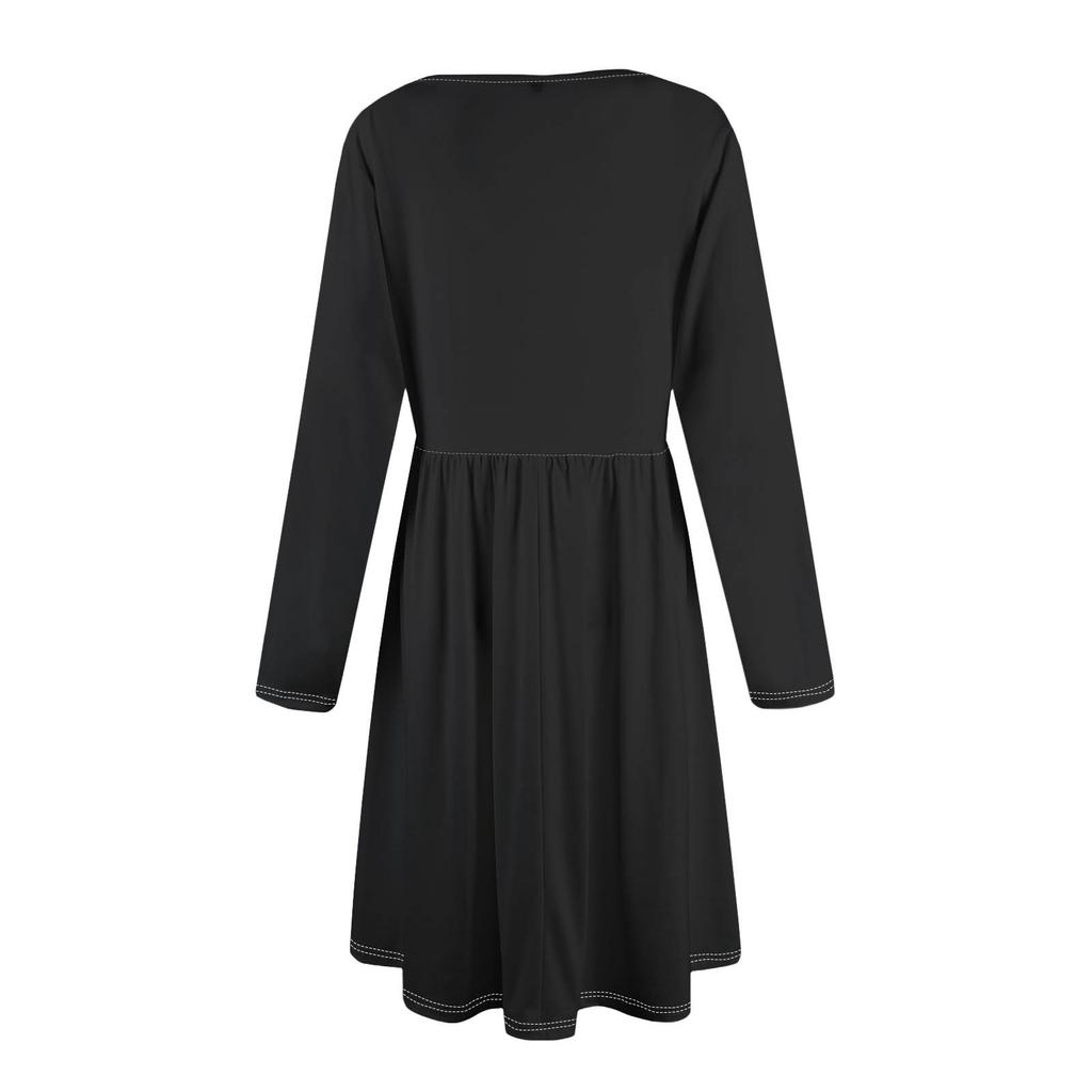 Женские однотонные повседневные платья с карманами на весну с круглым вырезом и длинными рукавами