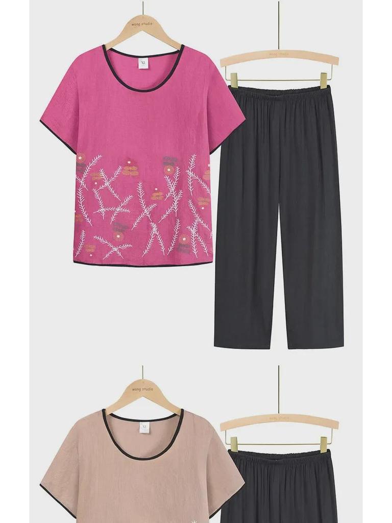 Летние двухкомпонентные топы из хлопка и льна для женщин 60-70 лет - Короткий рукав